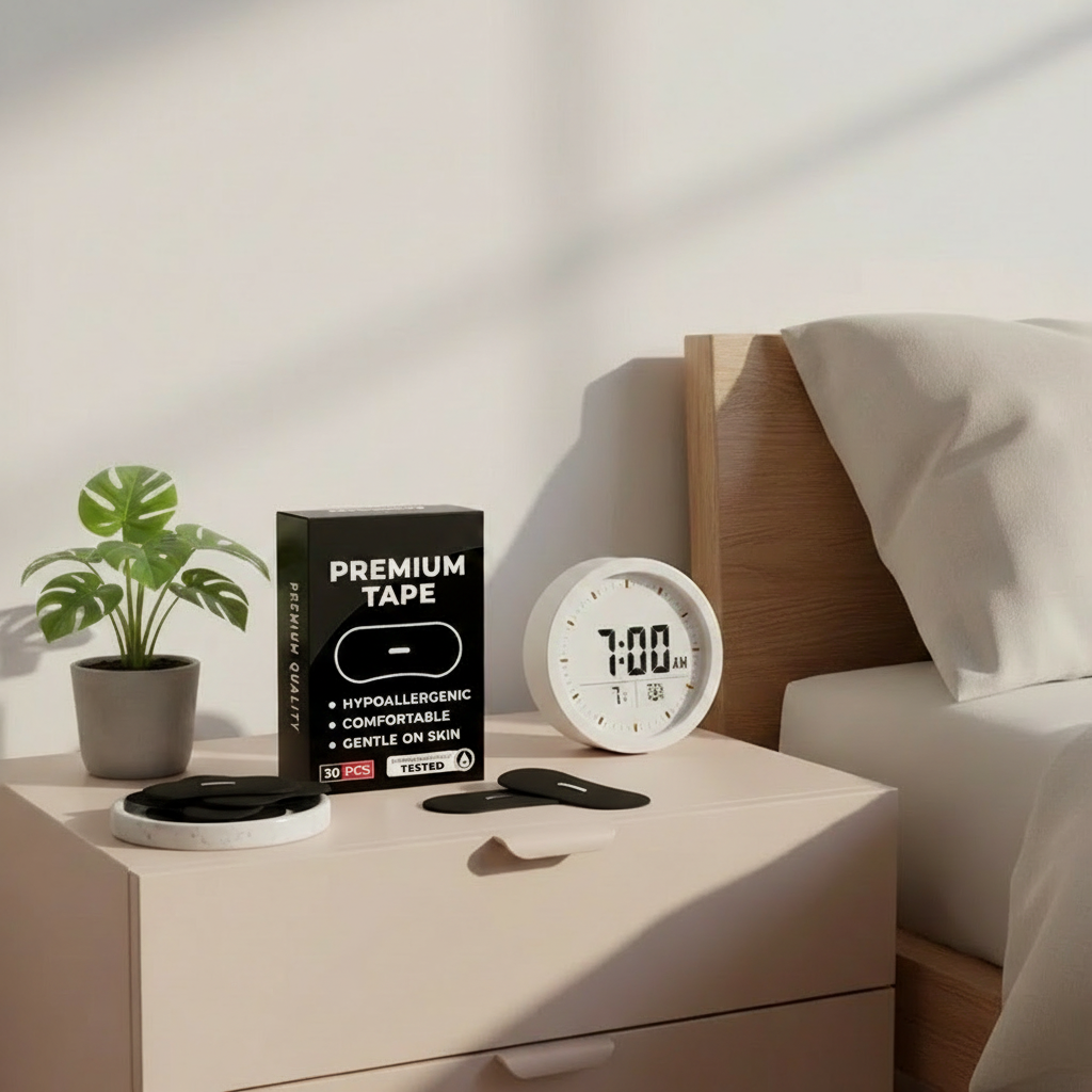 Mouth tape strips in bowl on bedside table