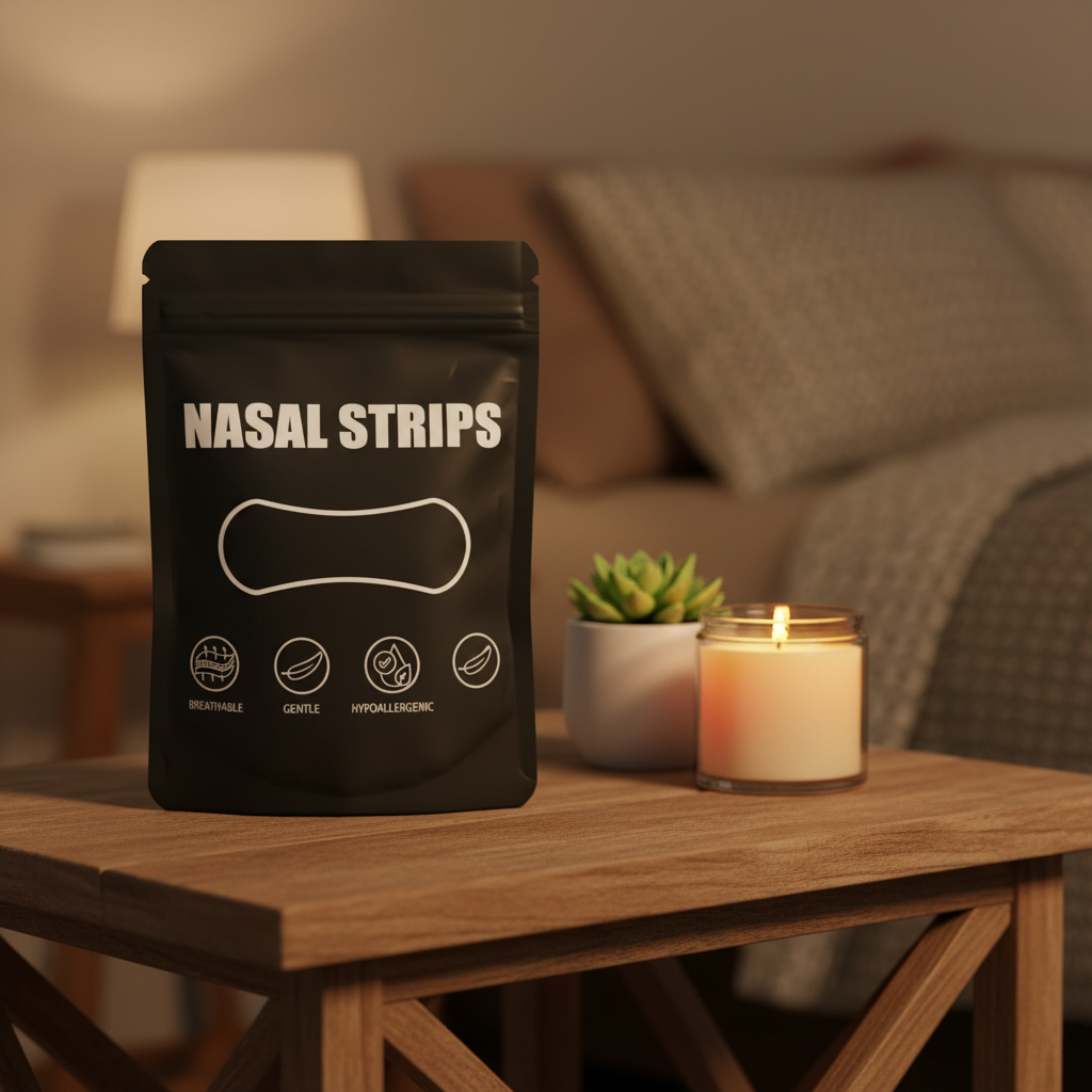 Nasal Strips on rustic wooden table with warm lighting